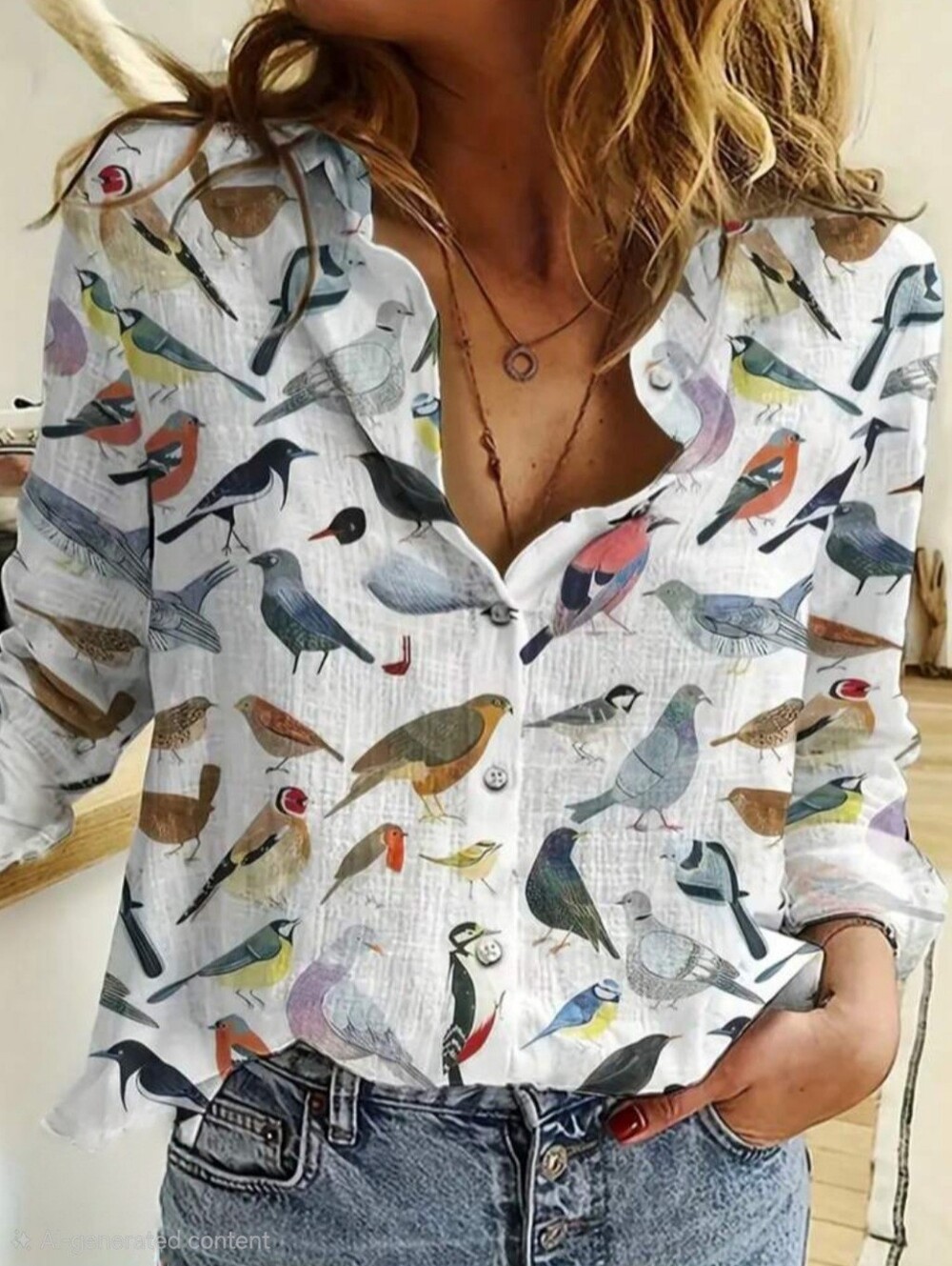 For Bird Lovers: Whimsical Bird Print Button Shirt